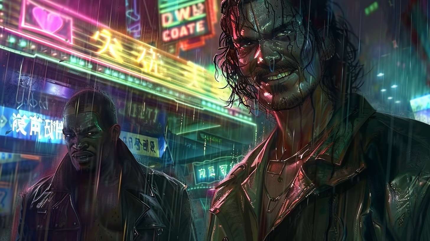 Pedro and Big L framed by neon haze inside The Squid nightclub, cyberpunk mezzanine.